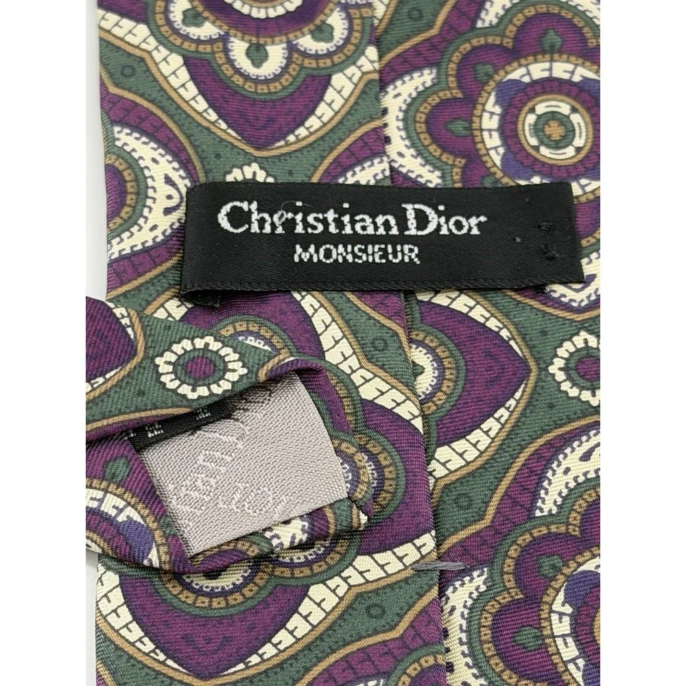 Christian Dior Monsieur Mens Tie Diamond Italian Silk Purple Green Vtg USA